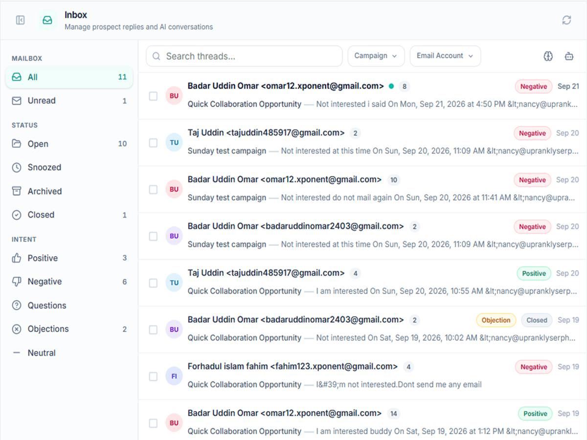 Uprankly Link Builder smart AI inbox with reply classification